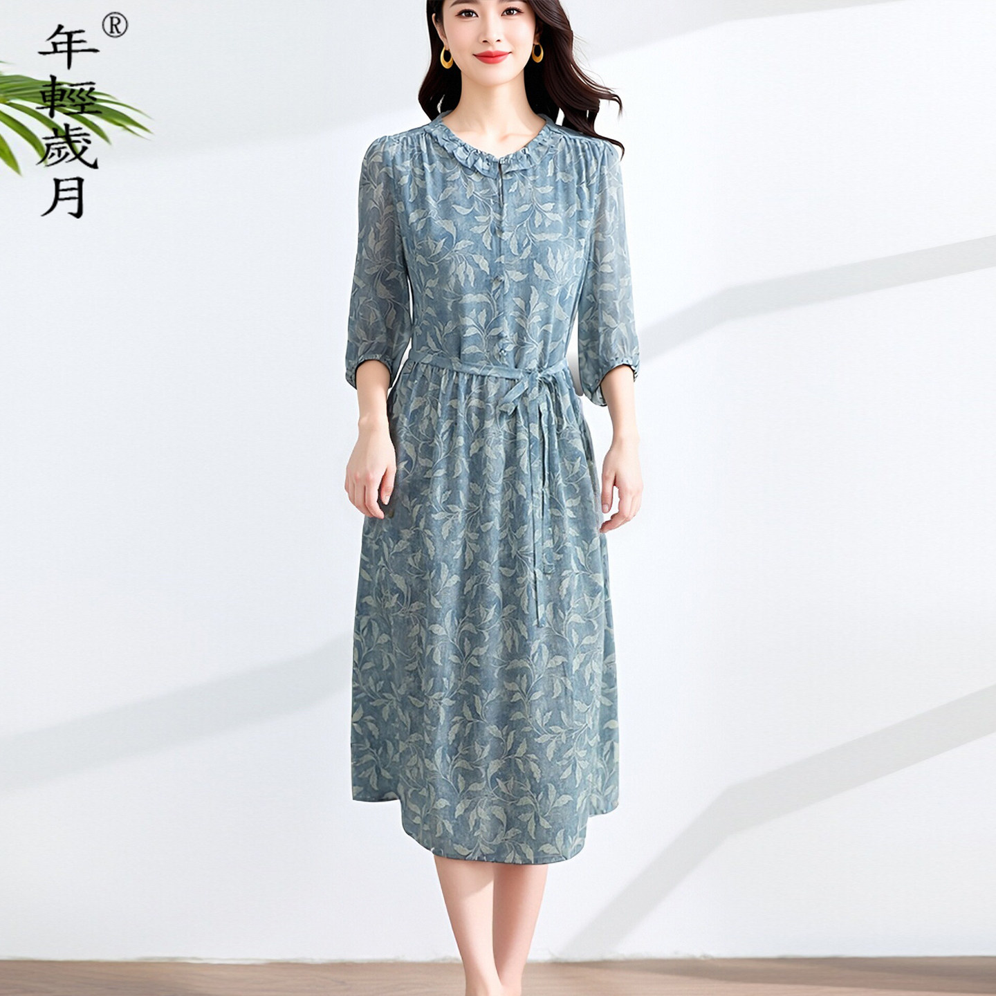气质真丝连衣裙女2026夏季新款印花收腰显瘦桑蚕丝系带文艺风裙子