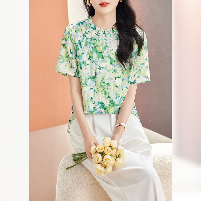 时尚碎花短袖真丝衬衫女2026夏季新款气质印花显瘦休闲桑蚕丝上衣