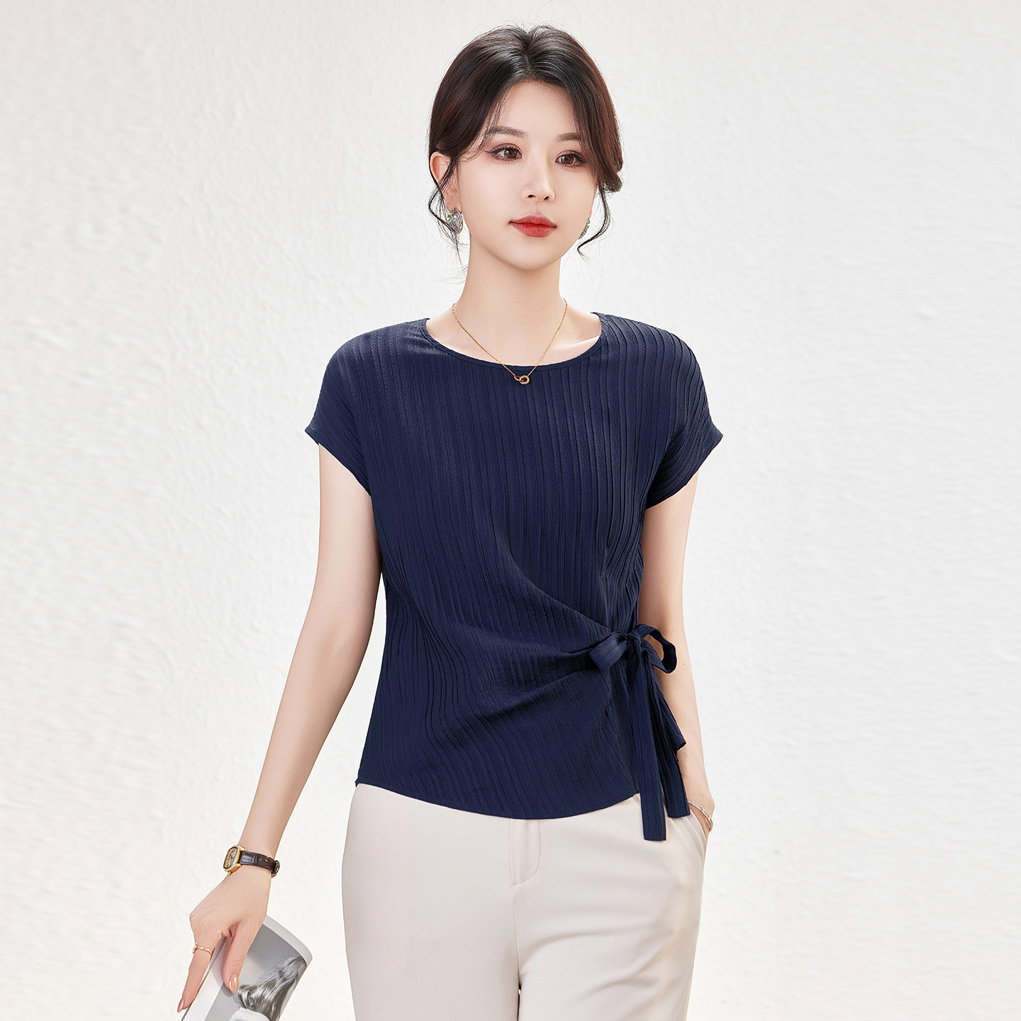 设计感褶皱真丝短袖上衣女2026夏新款系带收腰百搭显瘦桑蚕丝上衣