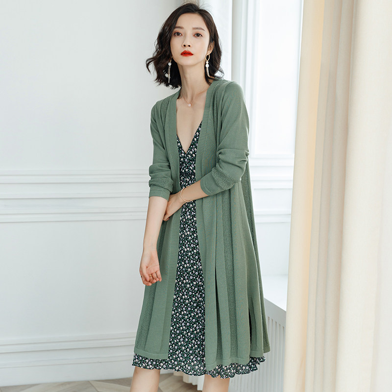 薄款针织开衫女中长款2026春夏新款外搭防晒外套绿色宽松百搭