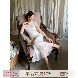 新款 XXNING 新中式 剪花魚尾連衣裙女夏季 國風刺繡收腰氣質(zhì)旗袍裙