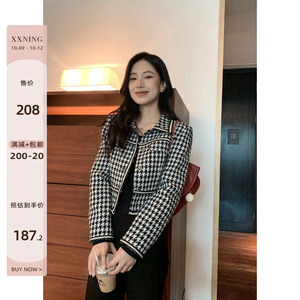 XXNING 小香风千鸟格短外套女秋2023新款小个子设计感小香风上衣