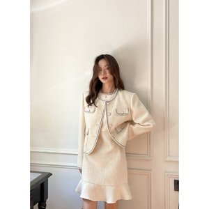 XXNING 法式小香风丝边套装女2023春季气质外套收腰连衣裙两件套