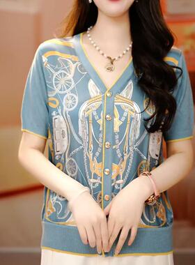 黑色系列夏季新款V领印花短袖开衫-273-1