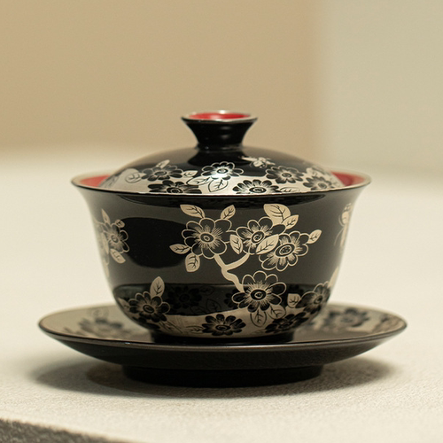 高档鎏银蝶恋花盖碗茶杯