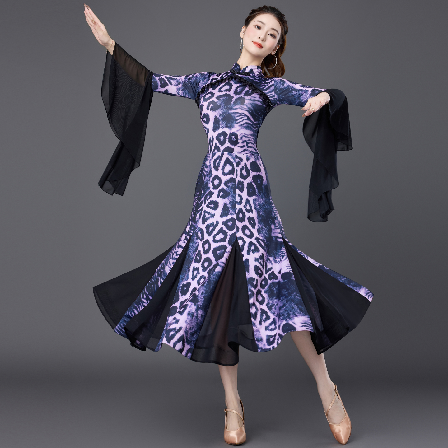 妹姿彩摩登舞豹纹旗袍连衣裙