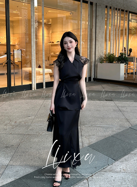 Liixu 夏季赫本风两件套缎面蕾丝收腰上衣小黑裙性感辣妹显瘦套装