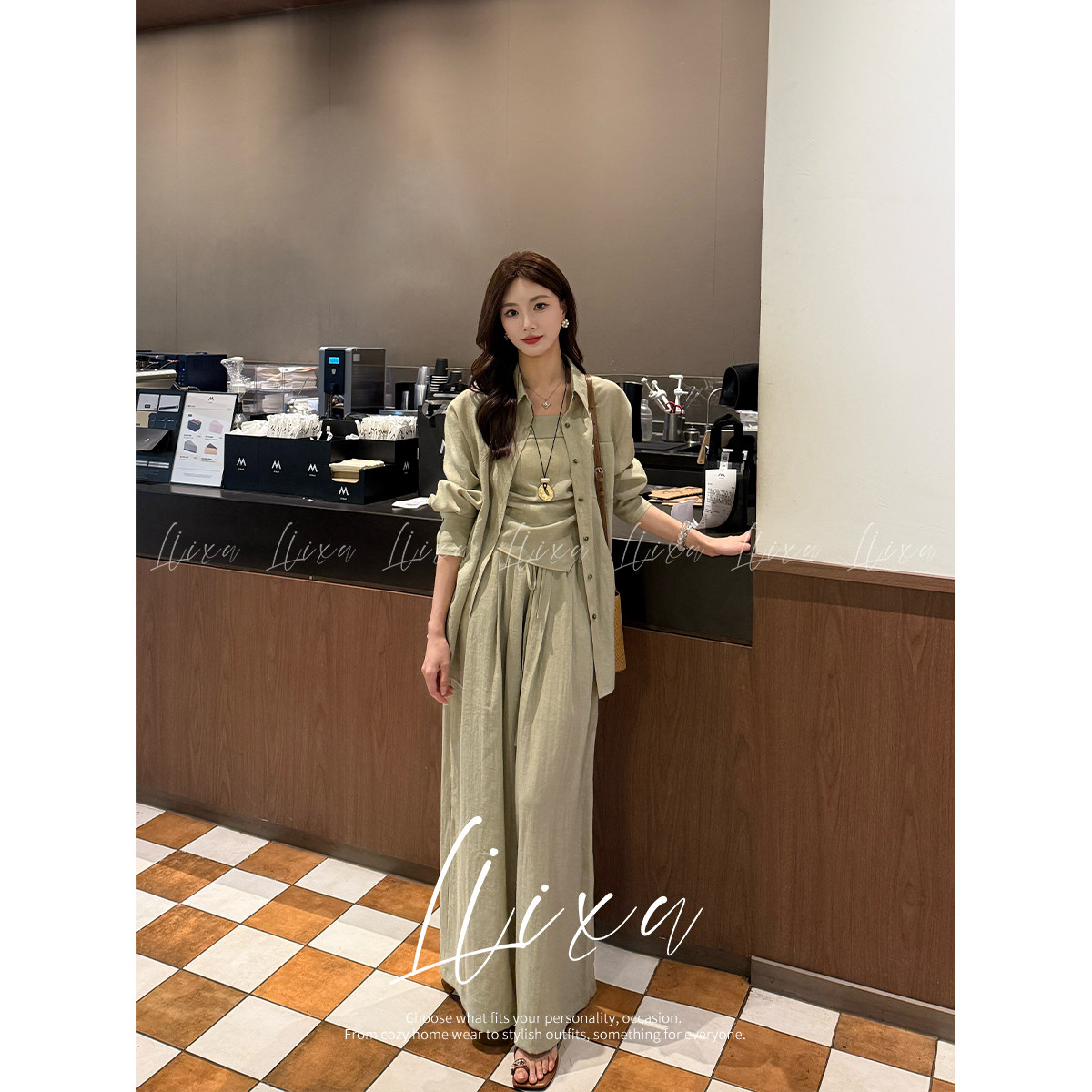 liixu春夏韩系气质减龄亚麻三件套女衬衫吊带休闲阔腿裤显瘦套装