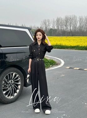 Liixu 春季复古牛仔套装女宽松显瘦衬衫休闲阔腿裤气质通勤两件套