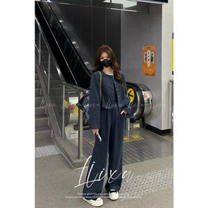 Liixu高级气质休闲圆领高腰阔腿裤牛仔风格小香套装女L51TZ032
