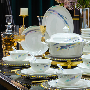 【艺术彩绘轻奢骨瓷】碗碟套装家用景德镇餐具套装乔迁送礼碗具