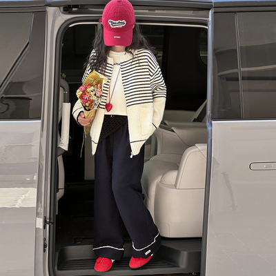 女童2025韩系条纹拉链毛衣开衫潮