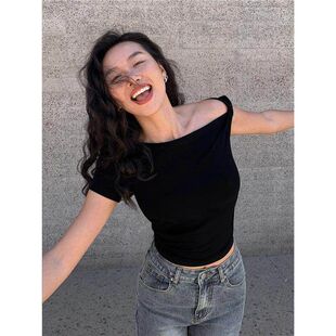 短款 设计感修身 斜肩上 新款 2026NEVAHU黑色斜领露肩T恤女2026夏季