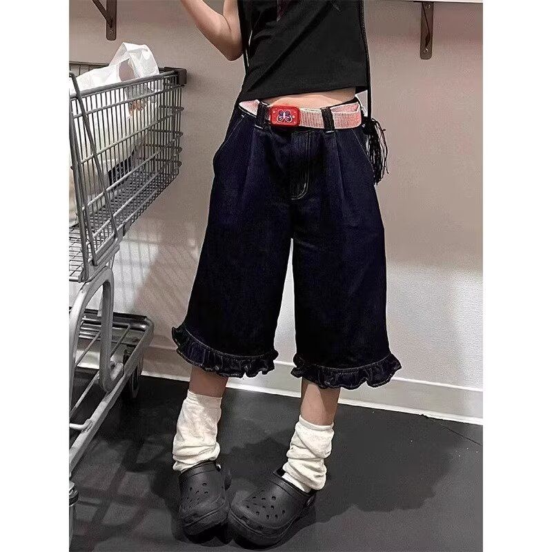 美式复古藏青色荷叶边牛仔七分裤女中裤胖妹妹mm阔腿直筒六分短裤