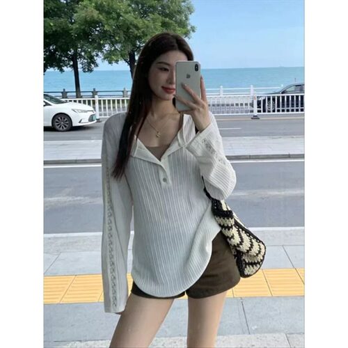 2026夏季新款松弛感辣妹米白坑条蕾丝宽松显瘦休闲百搭T恤上衣