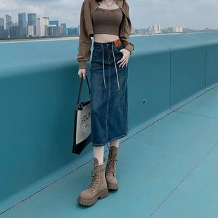 牛仔半身裙女秋高腰绑带设计感直筒长裙 2026ng桃喜蓝色后开叉长款