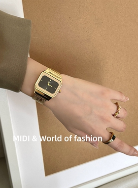 MIDI气质金表盘复古中古轻奢时尚ins小众精致时髦女士手表小金表