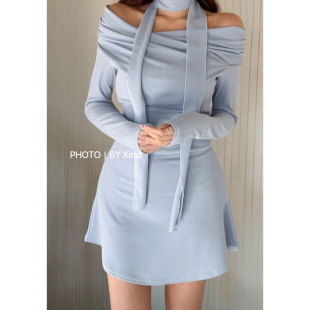 辛子韩国代购 设计感包臀短裙 轻熟优雅风挂脖系带露肩连衣裙女修身