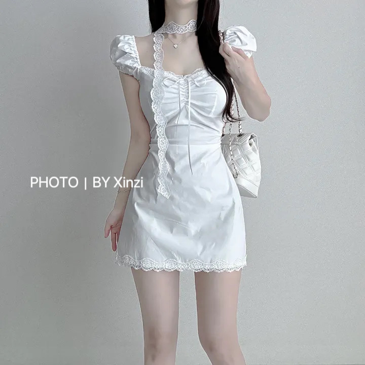 法式甜美蝴蝶结蕾丝修身连衣裙