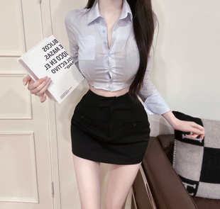 女人味气质衬衣 辛子韩国代购 东大门新款 收腰口袋长袖 衬衫