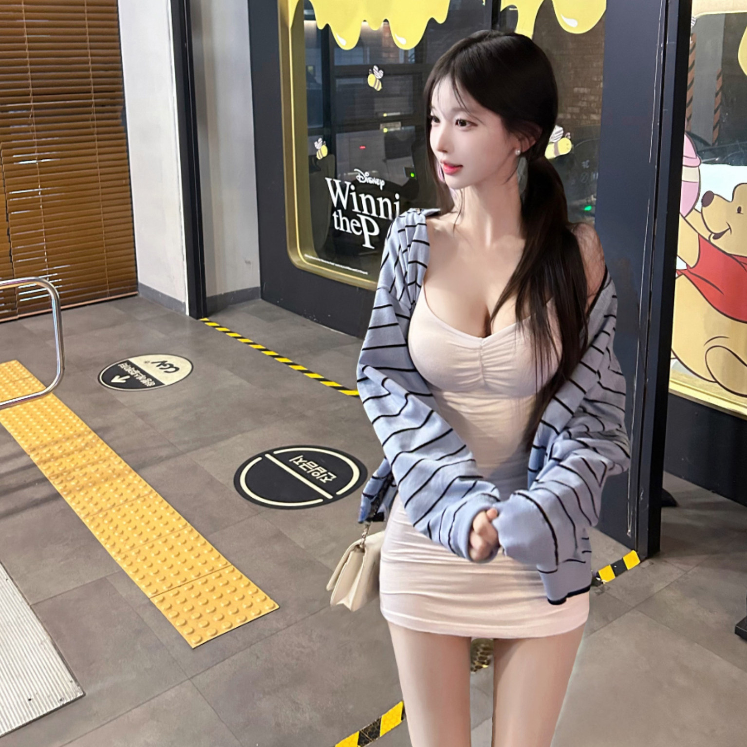 辛子韩国代购可爱纯欲条纹针织开衫V领