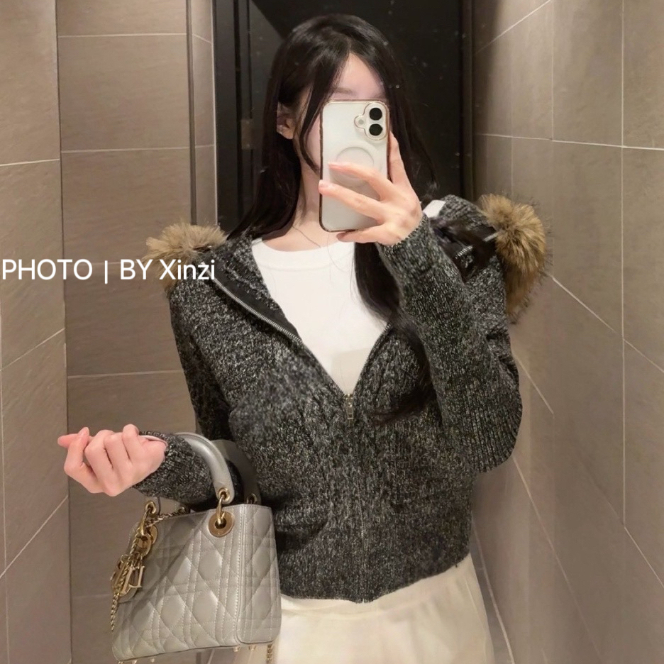 甜美连帽毛领宽松短款针织开衫