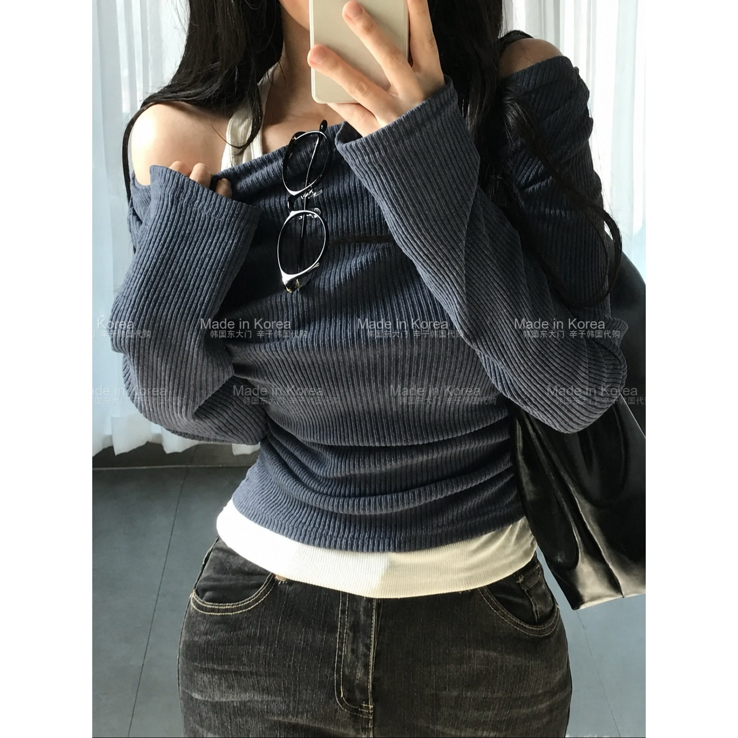 韩系露肩假两件撞色显瘦针织衫