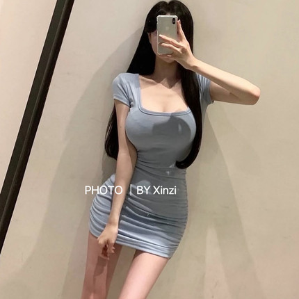 辛子韩国代购纯欲风性感辣妹方领短袖连衣裙女修身显瘦包臀短裙