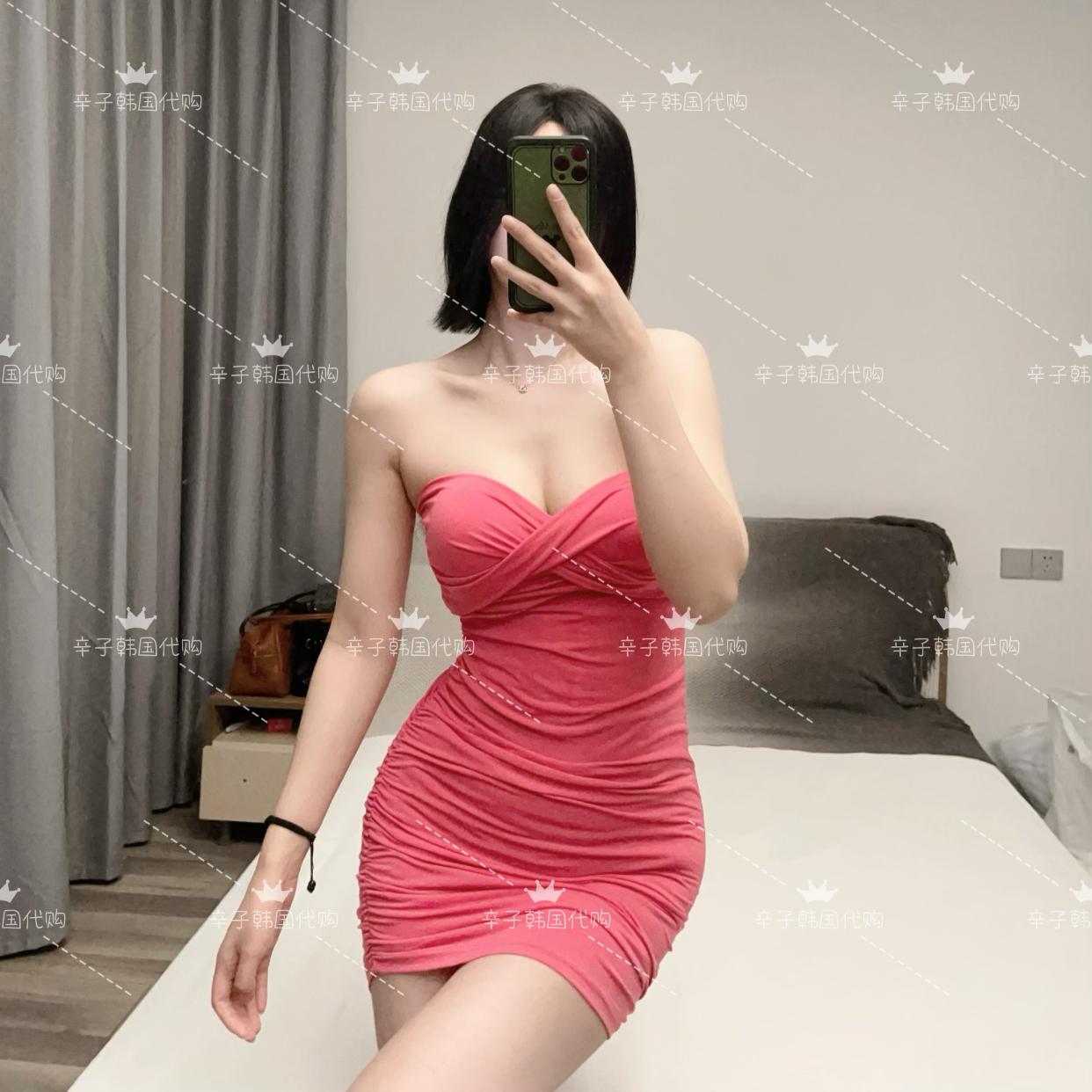 现货~辛子韩国代购玫粉色抹胸低胸褶皱辣妹包臀性感夜店连衣裙