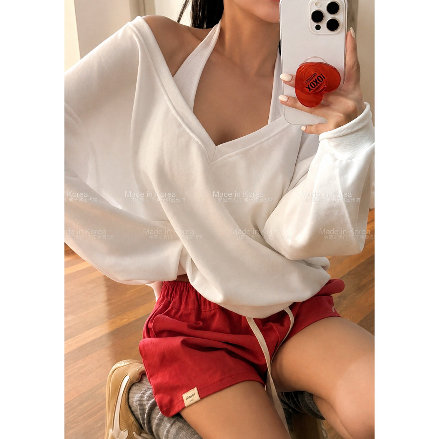 韩系V领露肩宽松卫衣女慵懒风