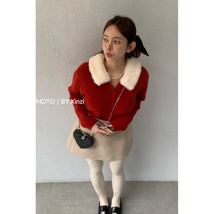 辛子韩国代购韩式毛毛领红色针织开衫女修身麻花毛衣新年战袍上衣