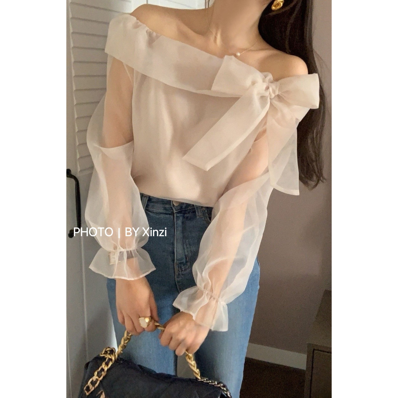 辛子韩国代购甜美淑女风一字肩系带蝴蝶结雪纺衬衫女喇叭袖上衣,女装/女士精品,蕾丝衫/雪纺衫,淘宝优惠券,粉丝福利购,淘宝优惠卷