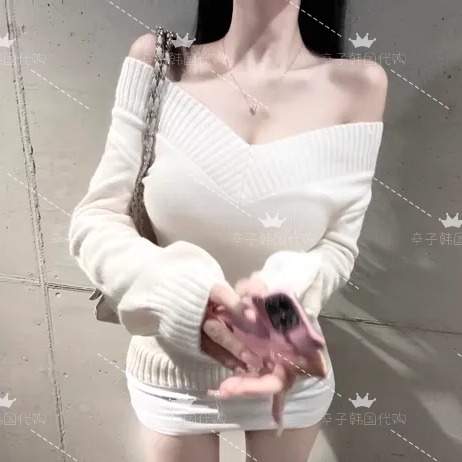 现货绝绝腰臀比复古休闲纯欲风辣妹针织毛衣显身材露锁骨收腰显瘦