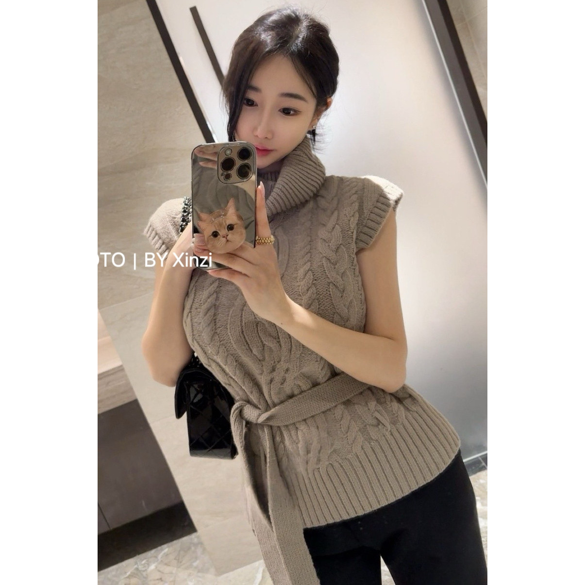 辛子韩国代购韩式复古高领麻花针织衫女新款收腰绑带无袖毛衣背心