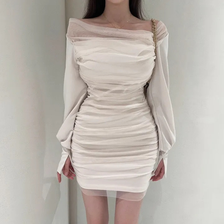辛子韩国代购蕾丝网纱包臀连衣裙皱褶纯欲小心机女人味性感连衣裙