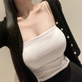 24小时速发韩国代购 紧身纯欲风吊带性感细肩带白色短款 背心含胸垫