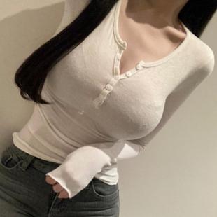 体恤 东大门一排扣紧身微透长袖 现货 辛子韩国代购