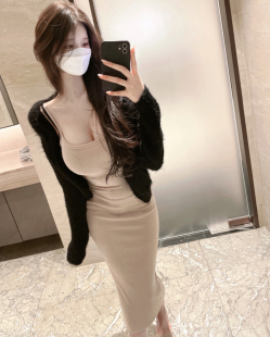 现货！韩国代购东大门性感后开叉紧身吊带连衣裙女人味显身材长裙