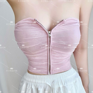 显瘦无袖 现货 韩国代购 设计感拉链修身 纯欲辣妹抹胸甜辣抹胸 短款