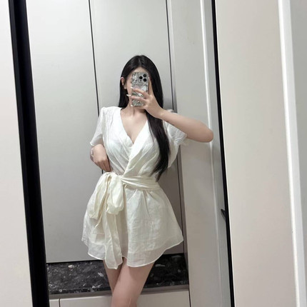 辛子韩国代购纯欲风性感辣妹V领短袖系带收腰连衣裙女修身显瘦