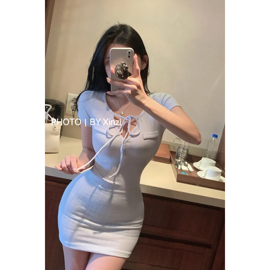 法式V领系带针织包臀显瘦连衣裙