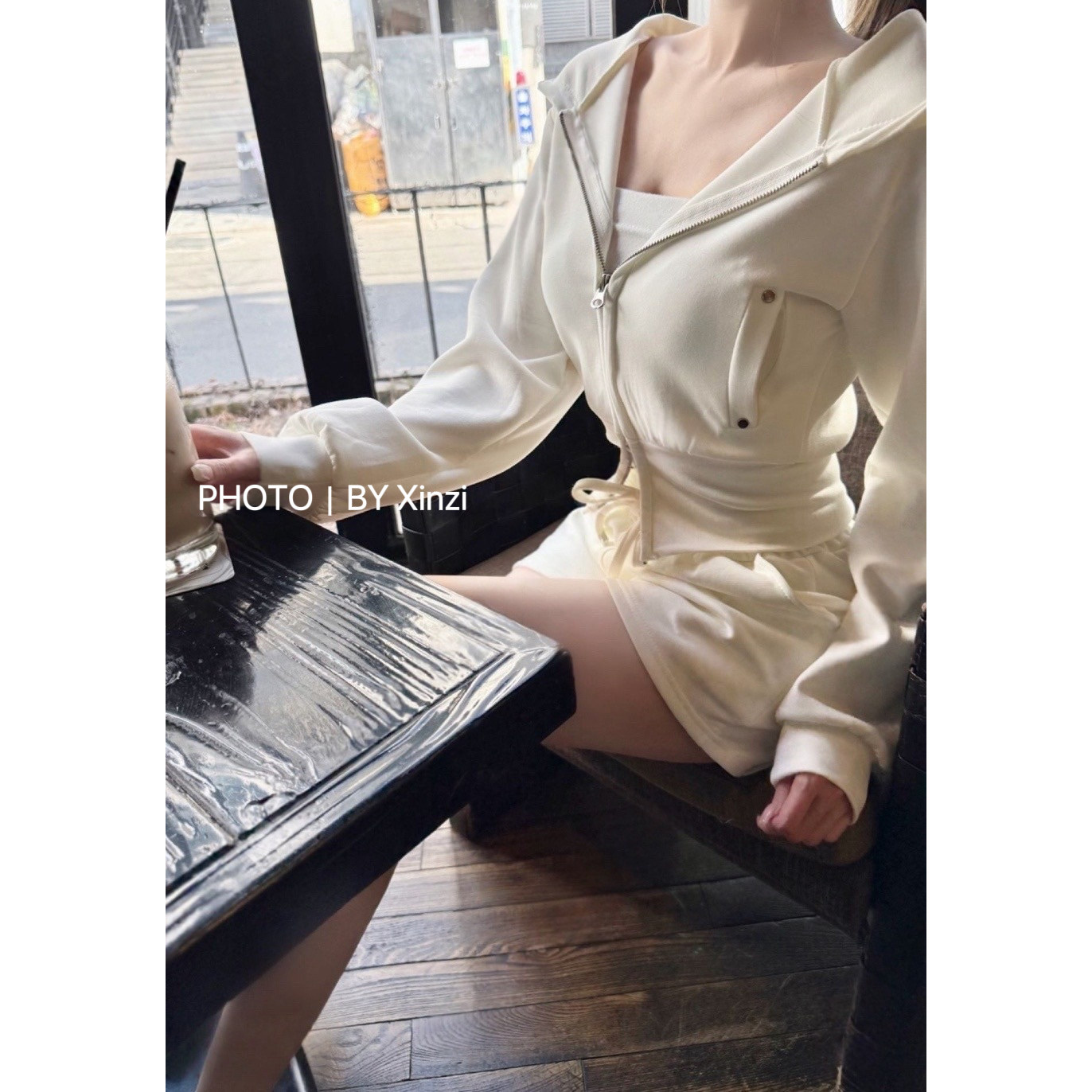 辛子韩国代购韩系休闲连帽拉链卫衣直筒短裤套装女春季修身两件套