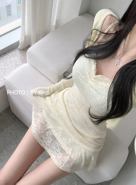 法式蕾丝吊带连衣裙显瘦两件套