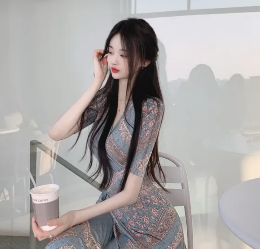辛子韩国代购复古印花中袖系带收腰连衣裙女人味气质长裙度假裙