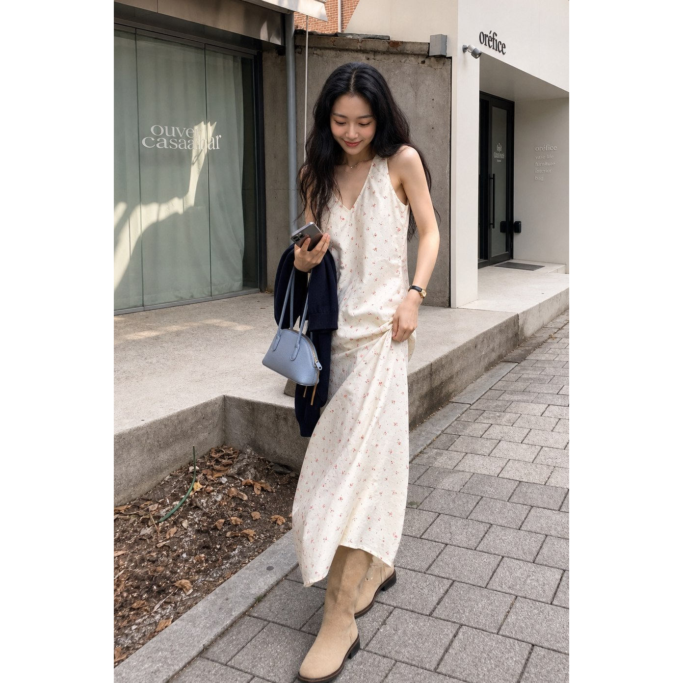 法式碎花V领无袖长款连衣裙