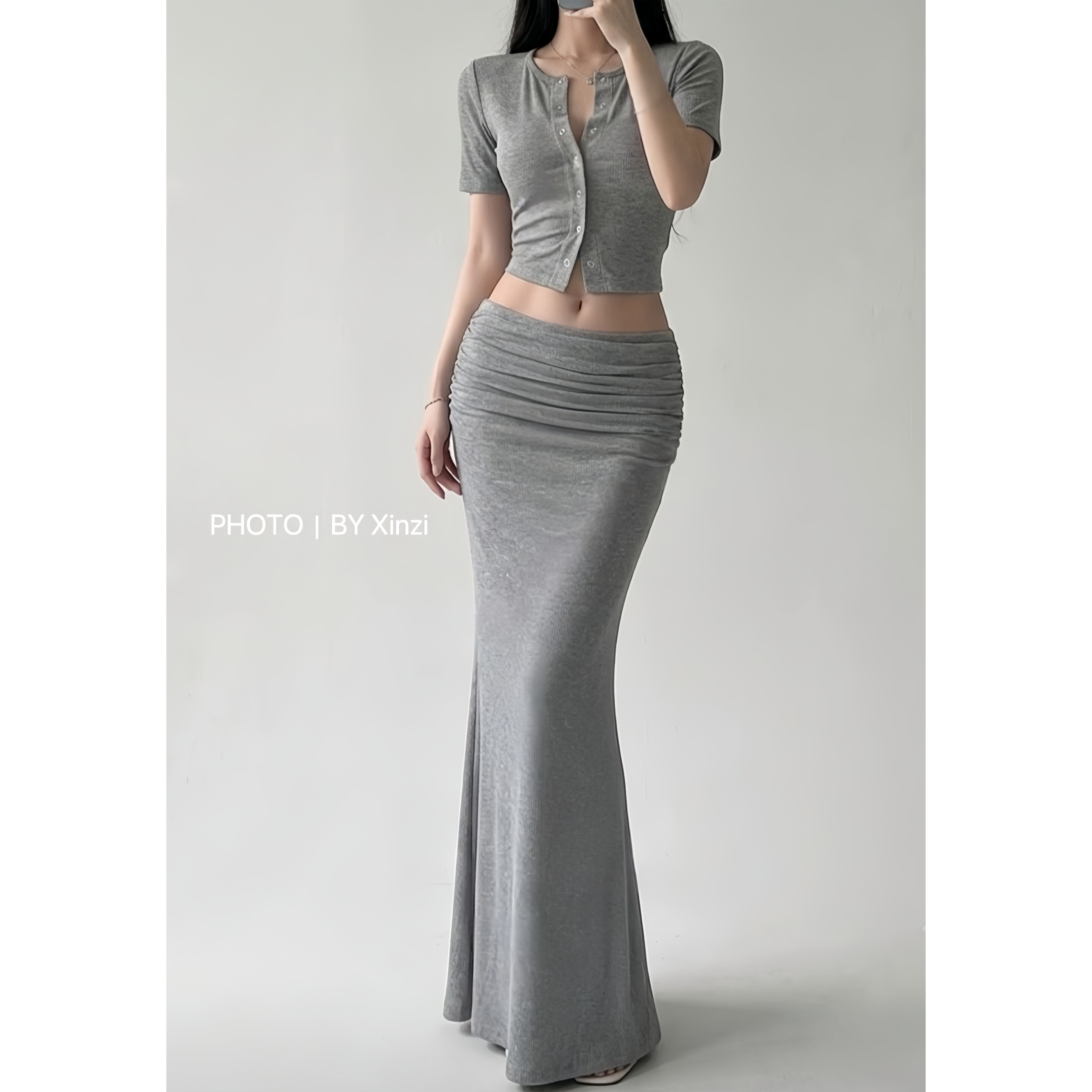 辛子韩国代购韩系短款针织开衫包臀鱼尾半身裙两件套女夏季套装