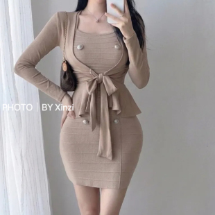 上衣女气质两件套装 复古针织吊带连衣裙系带开衫 法式 辛子韩国代购