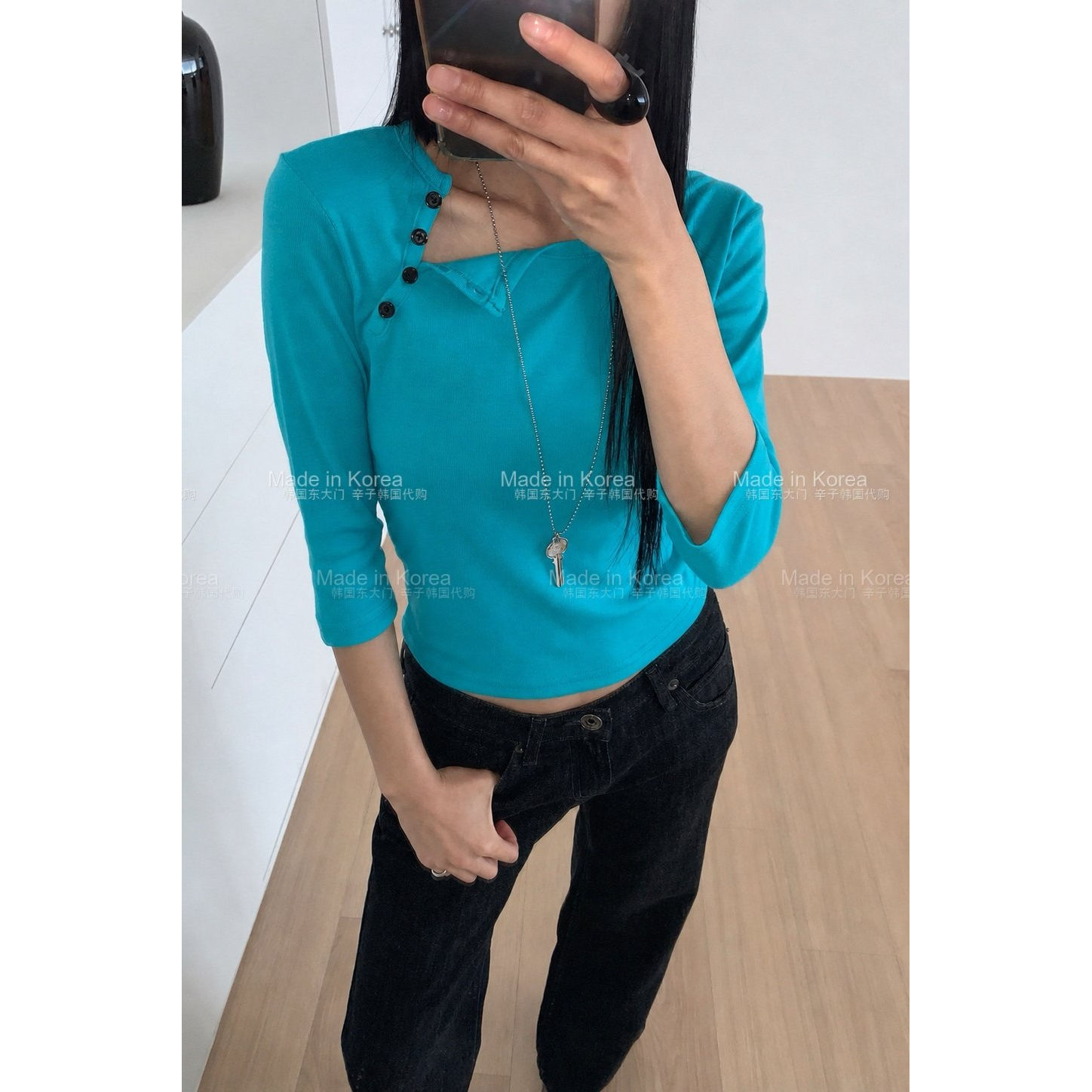 韩系按扣修身七分袖显瘦T恤女秋