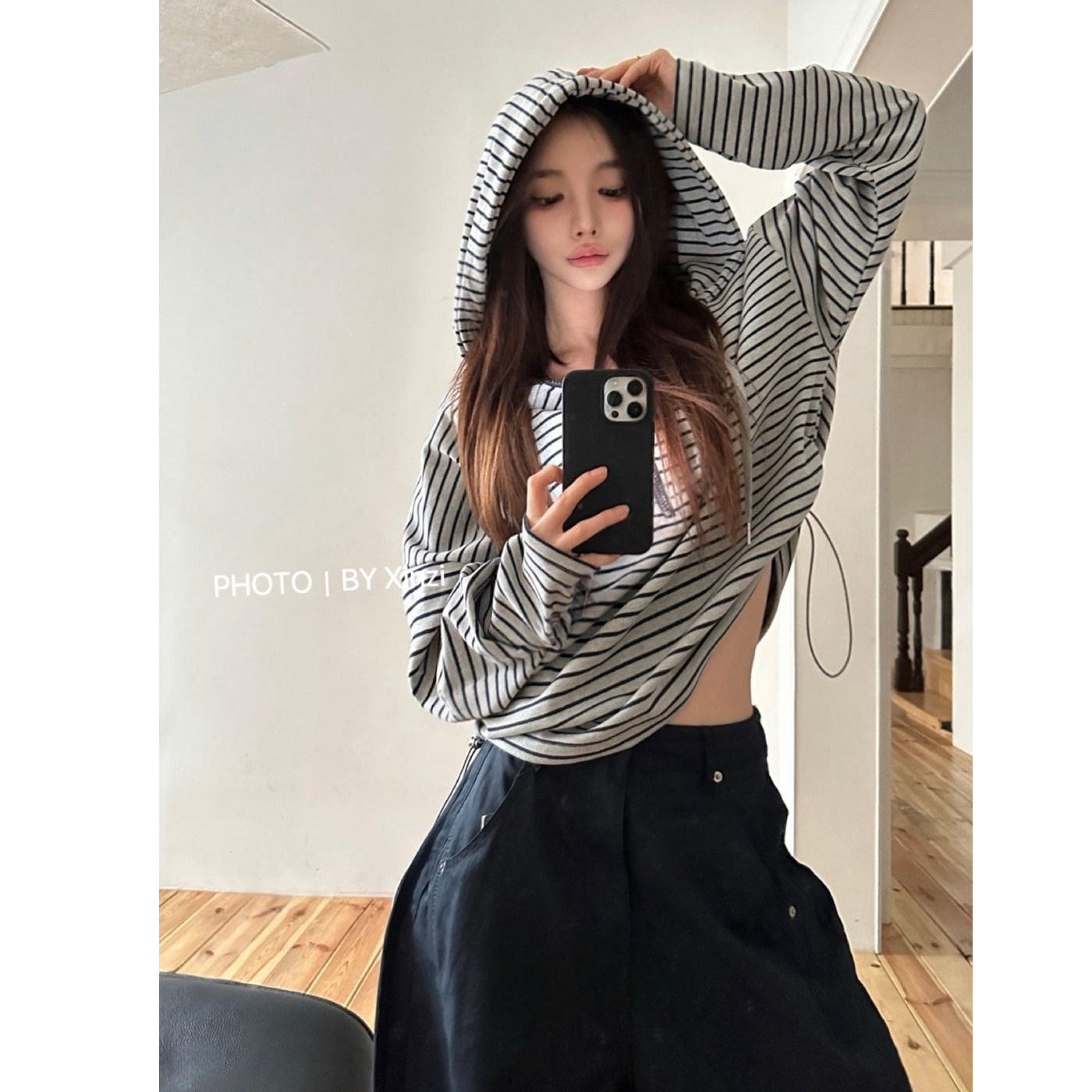 韩式慵懒条纹连帽卫衣女落肩袖
