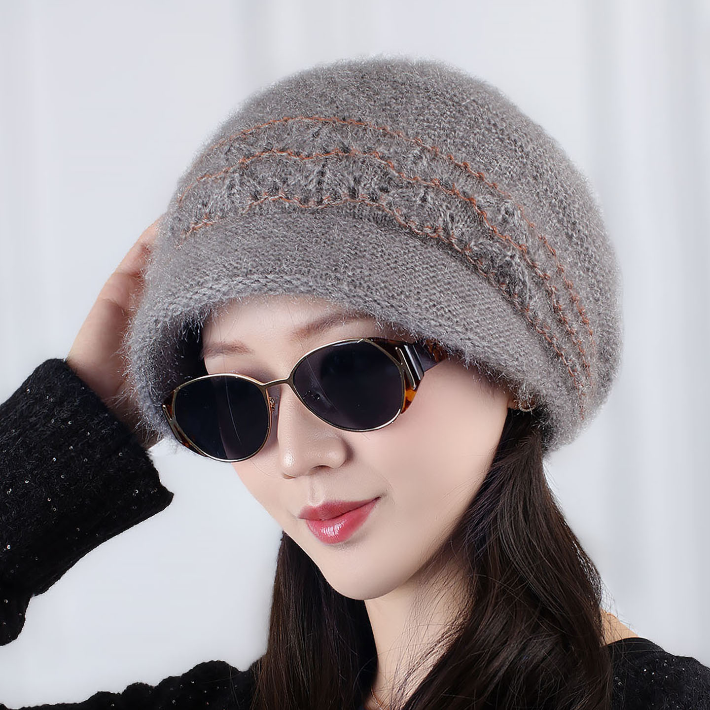 鸭舌帽贝雷帽针织帽帽檐松鼠帽子新款双层针织毛线帽韩版保暖护耳